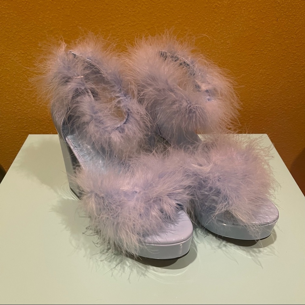 dolls kill sugar thrillz opening number blue marabou fuzzy platform heels